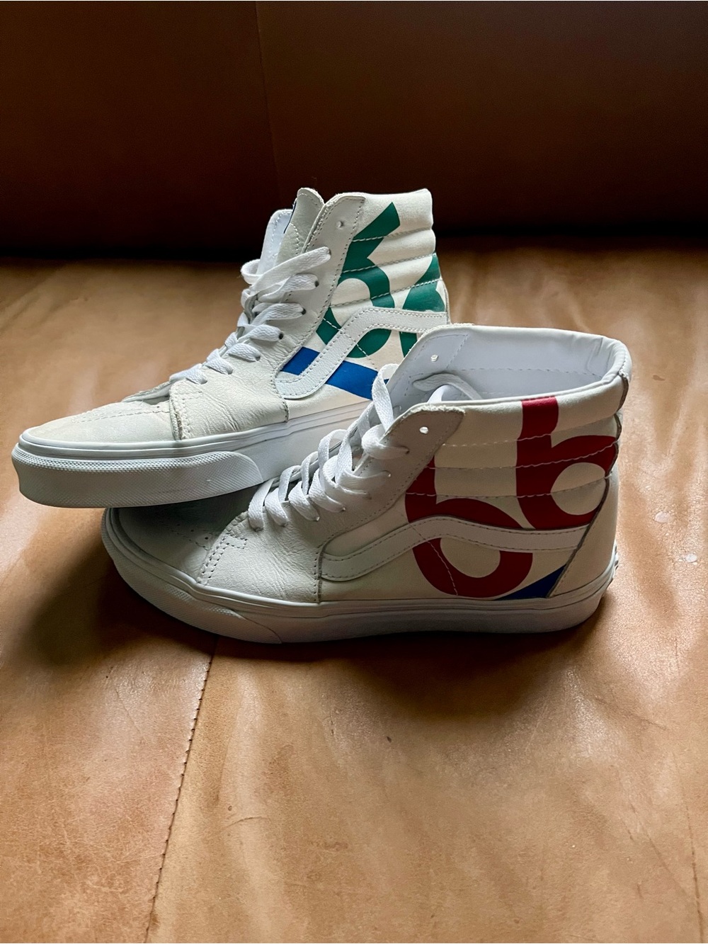 Vans Sk8-Hi Deck Club 66 White Leather High Top Skate Sneakers w/ Bold Graphics